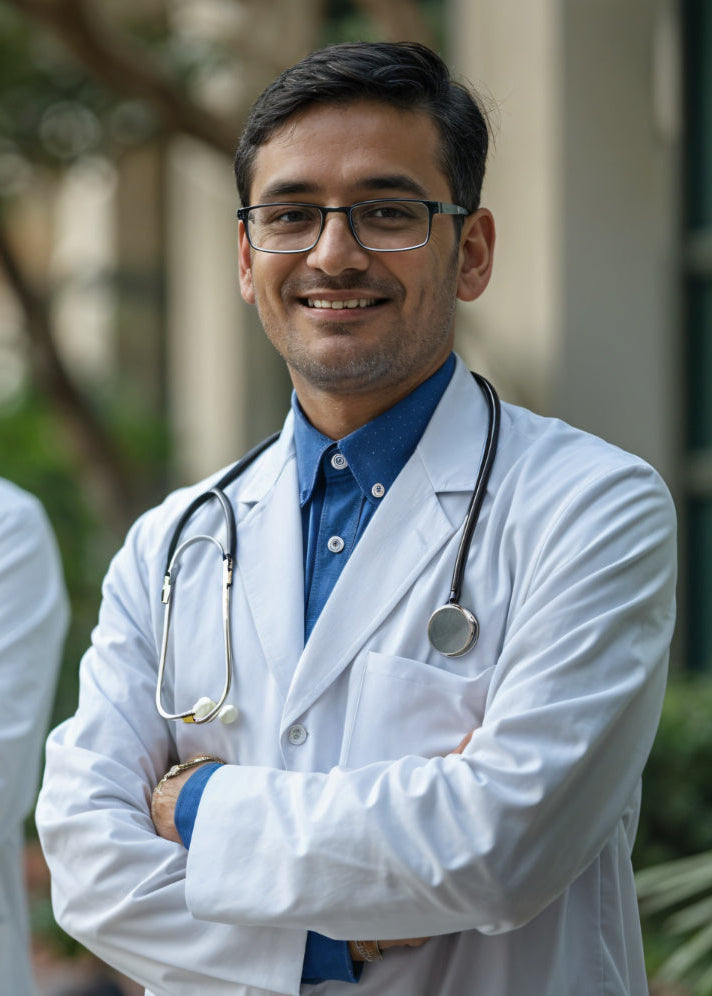 Three doctors in white coats standing outdoors with a blurred background