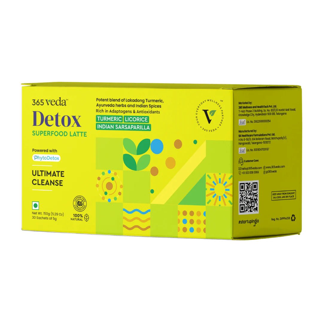 365Veda Detox Superfood Latte box with herbal ingredients