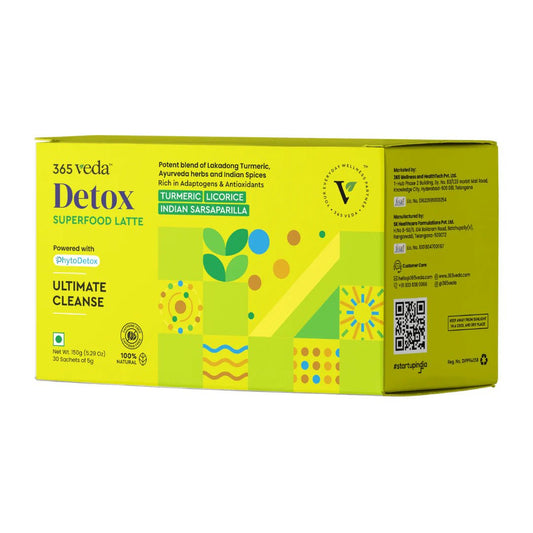 365Veda Detox Superfood Latte box with herbal ingredients