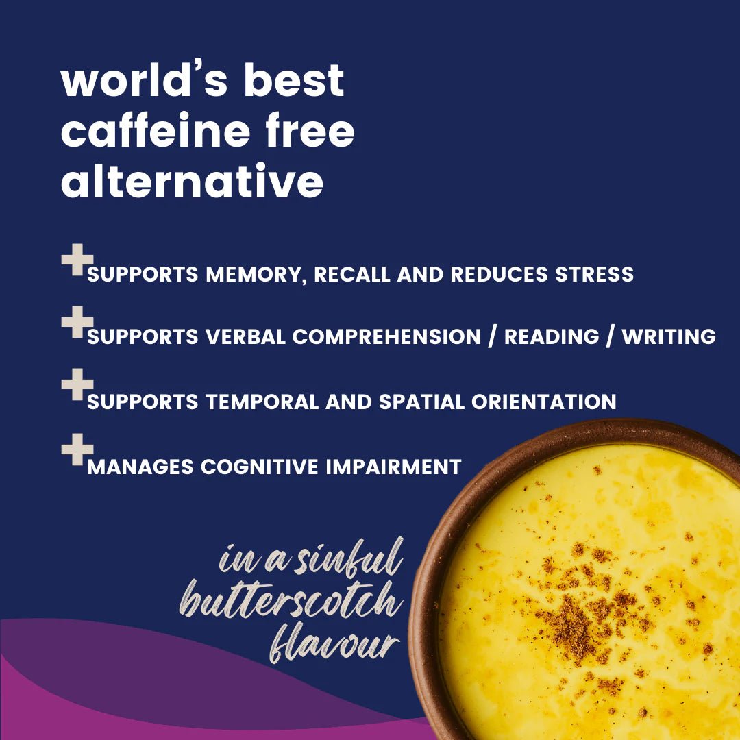 Butterscotch flavored caffeine-free brain support latte